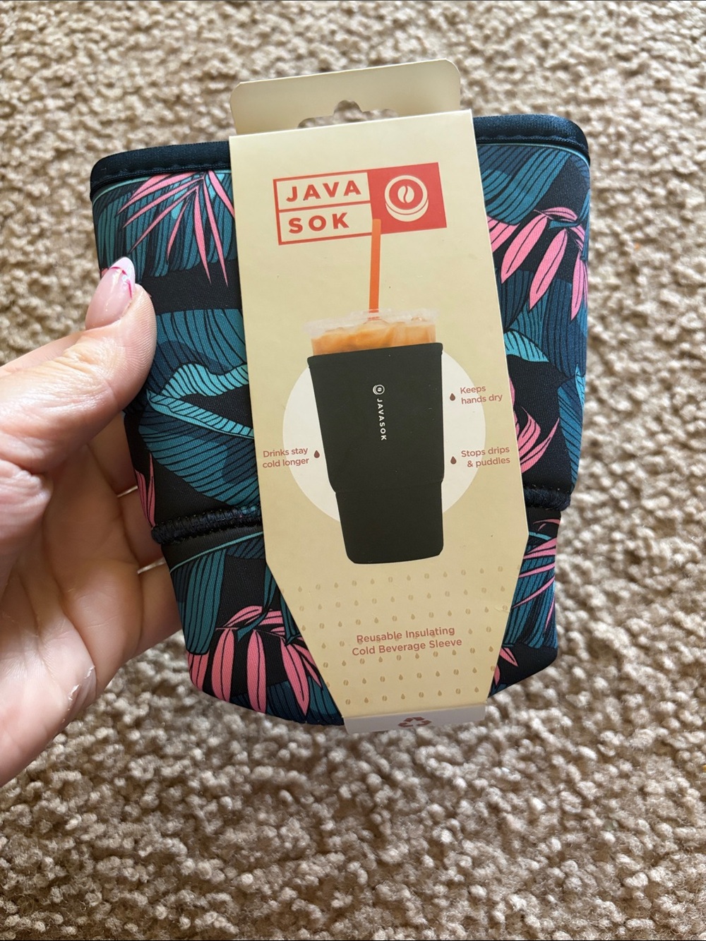 B62 NWT LARGE JavaSok Reusable Insulating Beverage Sleeve - Teal & Pink Print